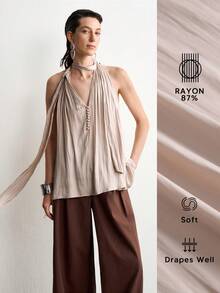 Aalyst Summer Casual Elegant Solid Color Halter Neck Button Decor Shirt Bar Party Dinner Date Lunch Date Tan - Apricot - View 8