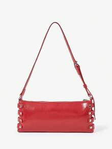 Viva Strut Ladies Bag, Hot Girl, Sweet Cool Girl, Y2Y, Punk, Rivet Decoration, Gas Eye Decoration, Red, Shoulder Square Bag, Zipper Opening And Closing, Suitable For Daily Commuting, Shopping, Travel - Red - View 3