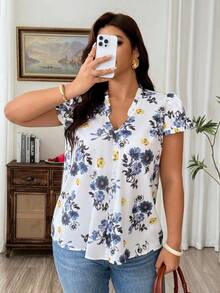 Weeklong Plus Size Women's V-Neck Floral Print Casual Elegant Versatile Daily Wear Blouse Brunch Office Blue And White Summer - Multicolor - View 6