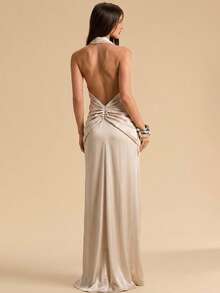 SHEIN BAE Cream Satin Halter Ruched Dress, Brunch Dinner Party Night Wedding Guest Attire, Social Occasion Gown, Summer Long Birthday Mini Elegant Sexy - Apricot - View 2
