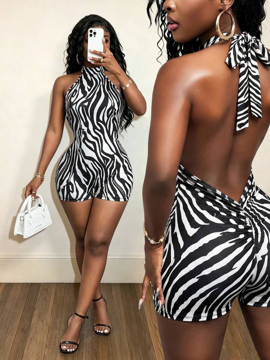 Mistrie Mono ajustado con cuello halter y espalda descubierta con estampado de cebra para mujer
