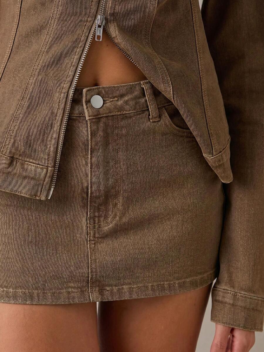 SHEIN BAE 女款鈕扣半開襟口袋時尚百搭牛仔裙 - 棕色 - 查看 1