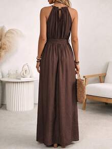 Wandoria Women's Spring/Summer French Chic Luxury Elegant Minimalist High-End Design Casual Bohemian Vacation Office Commute Old Money Style Comfortable Solid Color Faux Linen Fabric Neckline Ruched Beaded Decor Elastic Waist Self-Fabric Belt Cinched Waist A-Line Spaghetti Strap Tie Strap Pocket Long Dress - Brown - View 3