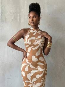 BamGlimmer Women's Zebra Print Fishtail Hem Fitted Elegant Halter Neck Long Dress - Multicolor - View 7