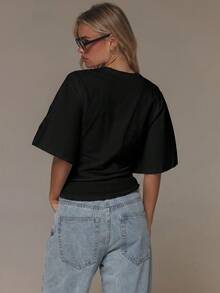 MUSERA Oversized Cinched Fitted Waist Tshirt Spring Summer Vacation Holiday Ibiza Boho Elegant Casual Everyday - Black - View 2