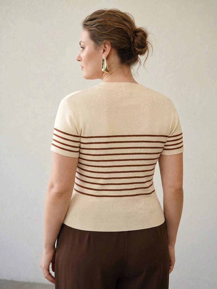 MOTF PREMIUM PLUS SIZE BEIGE SHORT SLEEVE SLIM FIT KNIT TOP OFFICE SUMMER - Apricot - View 2