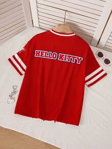 HELLO KITTY AND FRIENDS | SHEIN Kaos Lengan Pendek Kasual Serbaguna untuk Sehari-hari dengan Leher V dan Motif Kartun Huruf Warna-warni untuk Anak Perempuan Remaja. - Merah - View 3