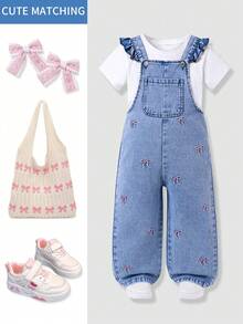 SHEIN Girls' Cute Casual Ruffle Shoulder Bow Embroidery Denim Overalls, Light Blue Washed Denim Color, Adjustable Lace Shoulder Straps With Buckle, Front Pockets With All-Over Bow Embroidery, Loose Straight Leg Soft Premium Cotton Denim, Versatile For Daily Wear, School, Outings, Spring/Summer/Autumn/Winter, Vacation Outfit With T-Shirt - Light Wash - View 6