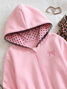 SHEIN Tween女孩蝴蝶結刺繡對比蕾絲連帽拉鍊秋季運動衫 - 粉色 - 查看 6
