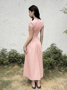 SHEIN Teen Girl Teen Girl Casual Minimalist Comfortable Cinched Waist Solid Color Long Dress - Pink - View 2