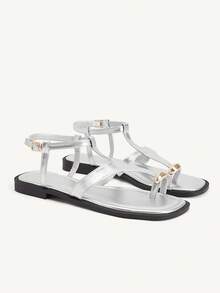 CUCCOO CHICEST Women's Shoes Simple Open-Toed Crossed Flat Sandals Summer Shoes - Silver - View 2