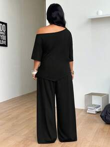 Coolane 女款大尺碼夏季秋季 Eleganza 休閒街頭風基礎度假居家舒適黑色露肩T恤與寬腿運動長褲套裝，萬聖節適用 - 黑色 - 查看 6