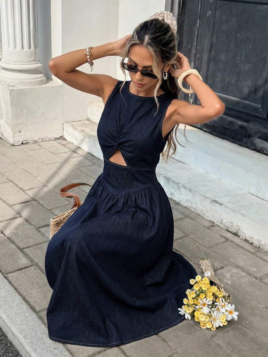 Serisse 女款圓領無袖扭結時尚牛仔洋裝，秋季優雅街頭休閒 Y2K 時尚基本款，適合節慶、返校季、早午餐、度假，海軍藍 - 藍色 - 查看 1