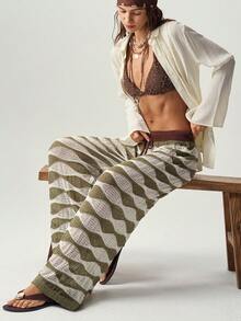 Bohemela Vintage Hollow Out Solid Color Water Ripple Knit Long Pants - Olive Green - View 1