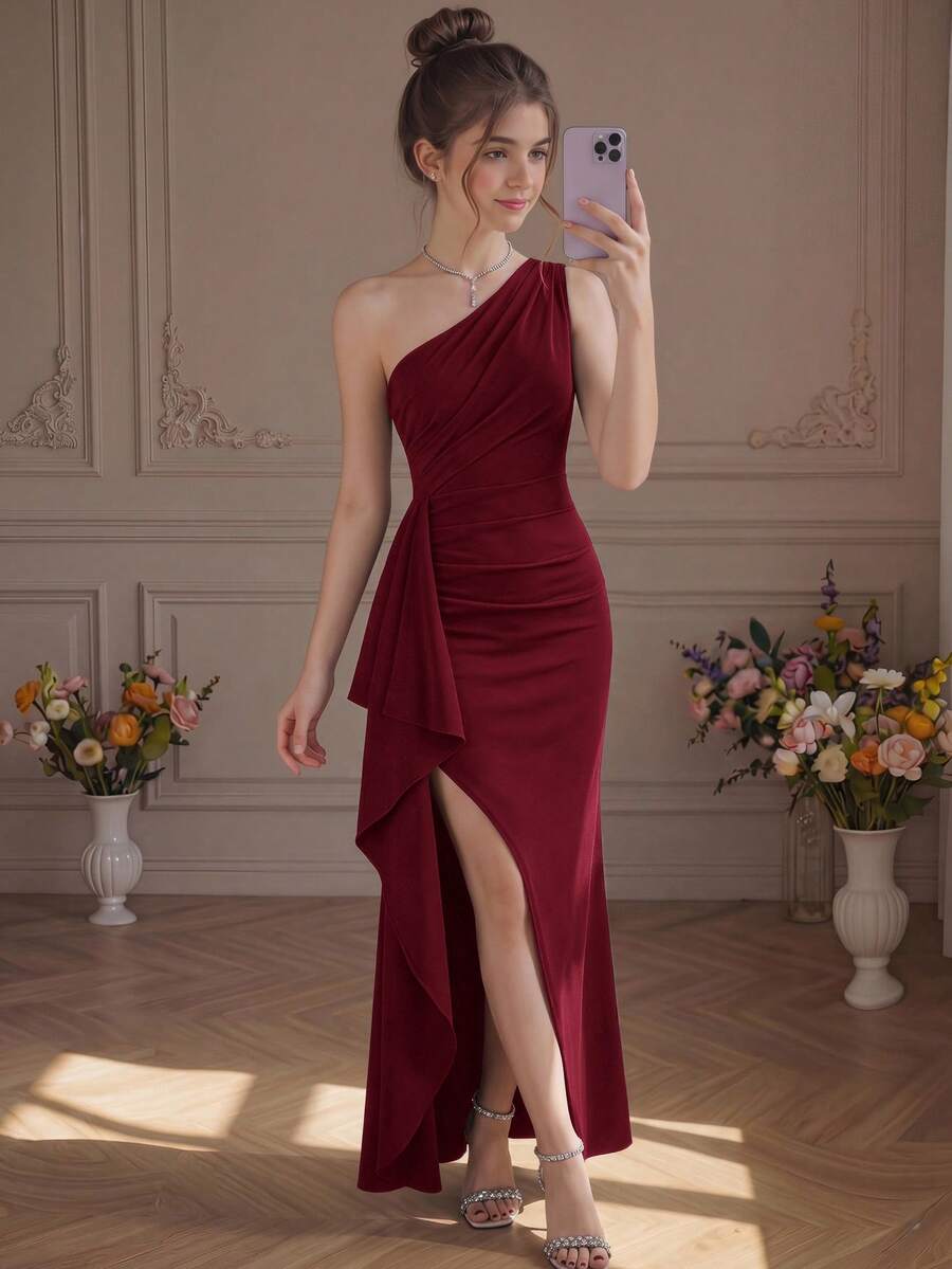 Pitira Teen Girls Partywear New Red Asymmetric Shoulder Pleated Hollow Out High Slit Dress, Long Dress - Burgundy - View 1