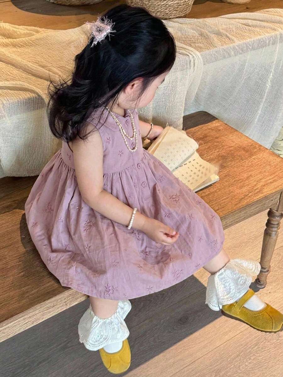 Dazy Kids 嬰兒/幼兒(女童)圓領刺繡卡通可愛無袖短袖中長洋裝 夏季 - 紫丁香色 - 查看 1