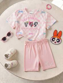 THE POWERPUFF GIRLS X SHEIN Young Girl Comfortable Casual Plaid Cartoon Print Crew Neck Short Sleeve T-Shirt With Fitted Shorts Co-Branded Set - Pink - View 3