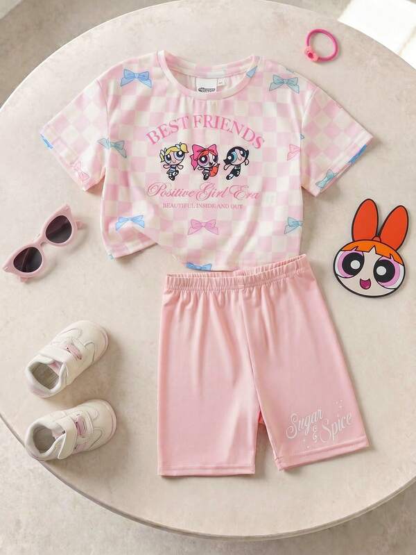 THE POWERPUFF GIRLS X SHEIN Nuorelle tytölle mukava rento ruutu- ja sarjakuvaprintinen pyöreäkaulainen lyhythihainen T-paita ja tyköistuvat shortsit, yhteisbrändattu setti