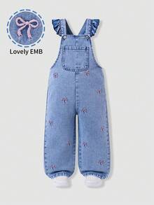 SHEIN Girls' Cute Casual Ruffle Shoulder Bow Embroidery Denim Overalls, Light Blue Washed Denim Color, Adjustable Lace Shoulder Straps With Buckle, Front Pockets With All-Over Bow Embroidery, Loose Straight Leg Soft Premium Cotton Denim, Versatile For Daily Wear, School, Outings, Spring/Summer/Autumn/Winter, Vacation Outfit With T-Shirt - Light Wash - View 4