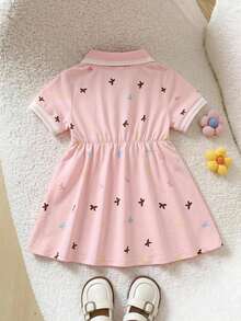 SHEIN Playful Pals 女嬰白色休閒洋裝，1件裝，羅紋領口、羅紋袖口，適合休閒、外出、運動及派對 - 粉色 - 查看 6