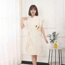 Women Thickened Coral Fleece Bath Robe, Cross Tie Long Sleeve Bath Dress, Soft Loungewear Robe With Towel For Bathroom Bedroom Living Room - Multicolor - View 3