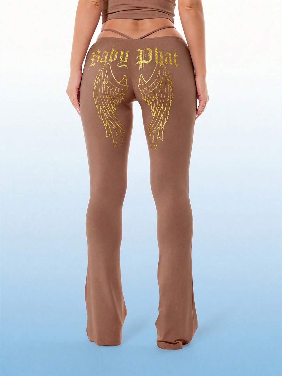 BABYPHAT Schlaghose Jersey Leggings mit V-Ausschnitt Detail und goldenem Flügel Rückenprint