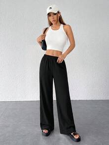 SHEIN PETITE 女款紋理簡約寬鬆寬腿褲，適合小個女版 - 黑色 - 查看 3