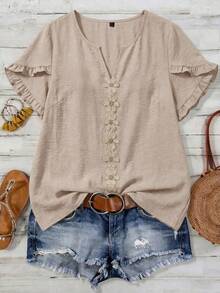 Linhara CURVE Plus Size Woven Casual Boho Resort Daily Commuting Vacation And Office Wear Summer Women's Shirt Beige - Apricot - View 3