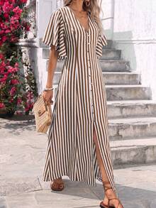 Louniche Women's White And Brown Base Polka Dot V-Neck Cinched Waist A-Line Button-Down Dress With Button Decor Hem Slit Elastic Back Waist Lantern Sleeves - Brown - View 4