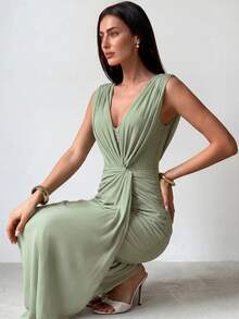 Aloruh Women's Spring/Summer New Sage Green Mesh A-Line Dress Suitable For Wedding Date Dinner Going Out Party Beach Elegant - Green - View 11