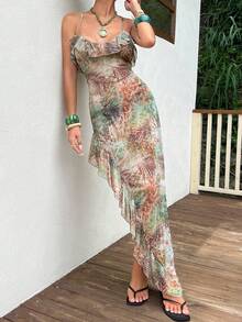 Opulessa Women's Floral Print Ruffle Trim Long Strap Dress Cover-Up Beach Vacation Sage Green Summer Tropical Boho - Multicolor - View 5