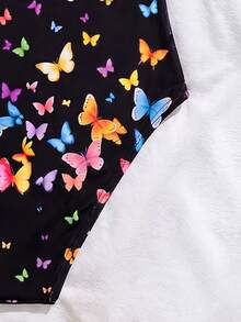 SHEIN Tween Girl Butterfly Cartoon Character Print One-Piece Swimsuit For Beach Vacation - Black - View 3
