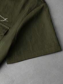 PAVTROS Men's Plus Size Letter Print Lapel Zip-Up Casual Commute Short Sleeve Shirt, Workwear Style , Minimalist Premium, Commute, Casual, Fashion, Holiday Gift, Best Gift - Olive Green - View 6