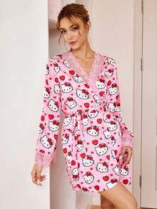 HELLO KITTY AND FRIENDS | SHEIN 女款卡通印花蕾絲拼接睡裙 - 粉色 - 查看 4