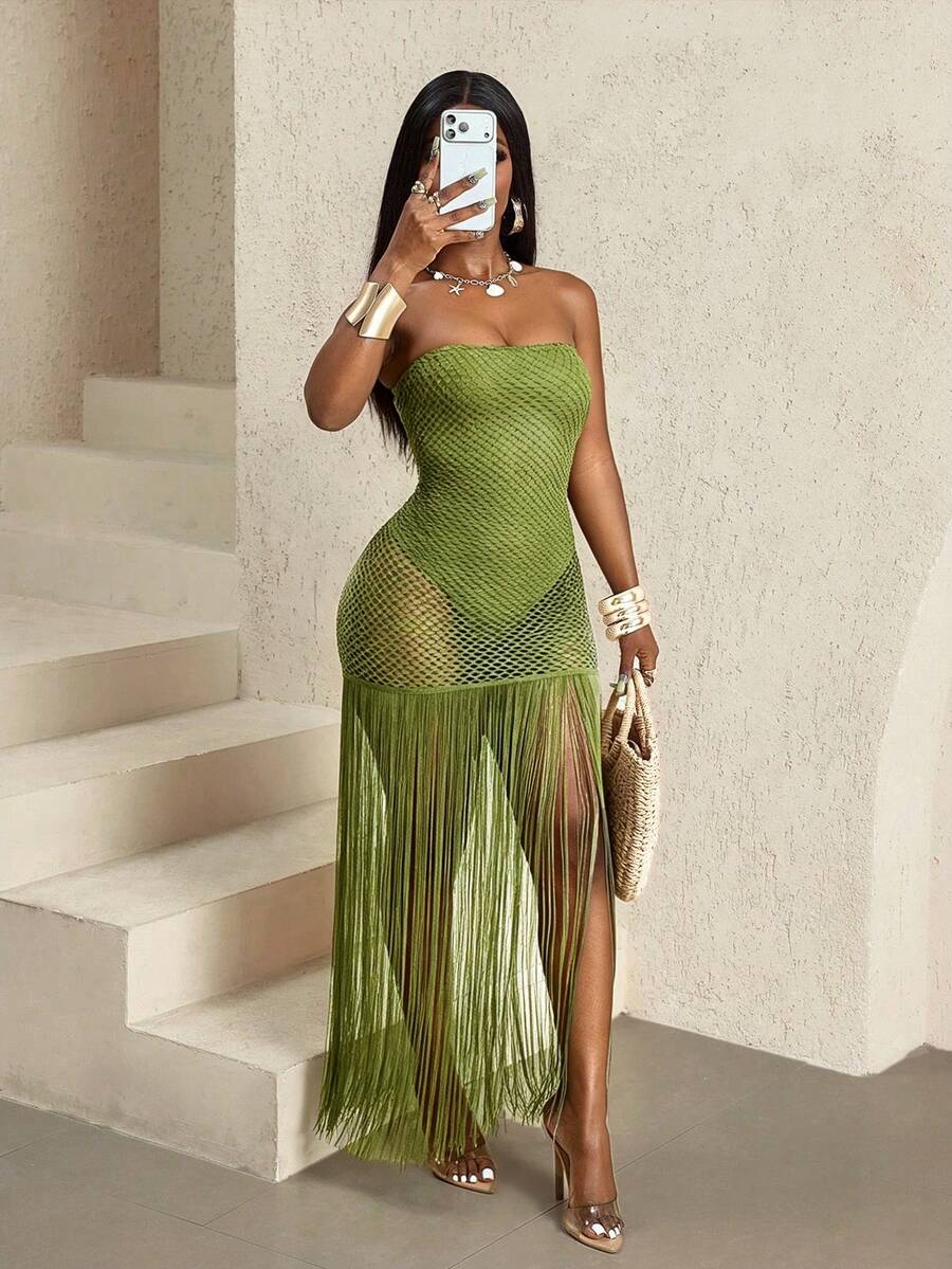 SHEIN BamGlam 女款時尚度假風流蘇下擺抹胸洋裝