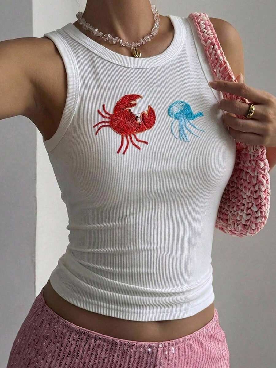 Attriella 夏季海洋螃蟹刺繡白色休閒度假海灘音樂節女款背心可愛上衣 - 白色 - 查看 1