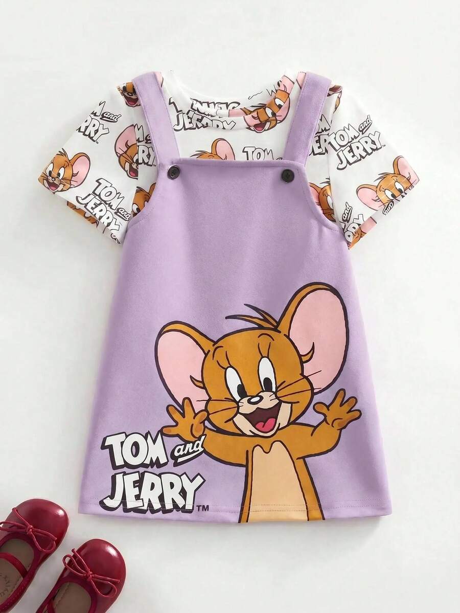 TOM & JERRY X SHEIN 女嬰卡通印花T恤與鈕扣背帶褲套裝 - 紫色 - 查看 1