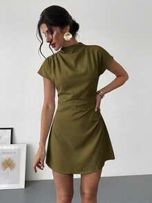 Aloruh Women Mini Dresses Everyday Olive Green Simple Elegant,Wedding Guest,Graduation Dress - Army Green - View 3