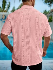 Genlund Plus Size Men's Notched Neck Solid Color Casual Versatile Daily Wear Short Sleeve Shirt, Holiday Holiday - Pink - View 2