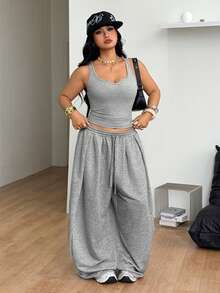 Coolane Women's Plus Size Summer Fall Streetwear Casual Going Out Gym Sport Basic Stretchy Comfortable Notched Tank Tops And Baggy Elastic Waistband - Light Grey - View 5