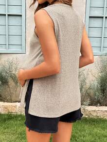 Lyckli Maternity Solid Color Round Neck Sleeveless Knit Textured Tank Top With Side Slit Hem - Grey - View 3
