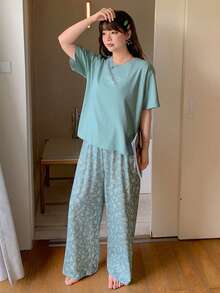 Dazy Plus Loose Short Sleeve Round Neck Bow Print Top & Floral Long Pajama Pants Plus Size Women Spring Summer Sleepwear Set - Green - View 5