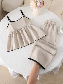 SHEIN Elladie kids 女童休闲度假黄色修身吊带背心，夏季上衣，柔软修身，时尚设计，适合度假、旅行、校园、日常穿着 - 卡其色 - 查看 6