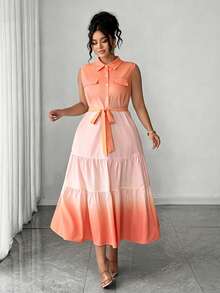 Elenzga Plus Size Women's Elegant Vintage French Style Yellow Gradient Sleeveless A-Line Maxi Dress, Suitable For Summer, Back To School, Vacation, Graduation, Holiday, Valentine's Day, Christmas, Music Festival, Mother's Day, Halloween, Thanksgiving, Easter, National Day, Prom, Birthday, Date Party, Wedding Season, Outing And More - Orange - View 5