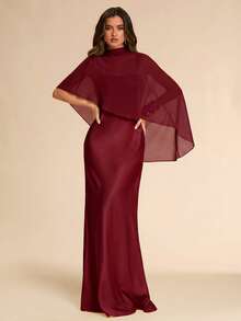 SHEIN BAE Spring/Summer Red Wine Satin Chiffon Shawl 2 Pieces Dress, Luxury Elegant Evening Gown Wedding Formal Mother Of The Bride Professional - Burgundy - View 3