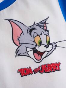 TOM & JERRY X SHEIN 小男孩字母卡通印花拼色短袖上衣與短褲休閒日常睡衣套裝 - 藍白色 - 查看 4