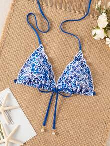Swim Mod 女款夏季新款海灘泳裝度假風甜美可愛荷葉邊綁帶三角網格花卉布料性感露背泳衣上衣 - 彩色 - 查看 5