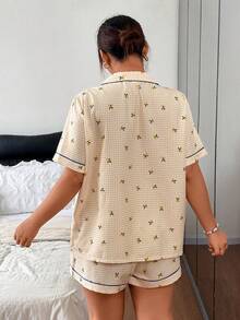 Napfluff CURVE Napfluff CURVE Plus Size Lemon Plaid Print Lapel Button-Front Short Sleeve Shorts Pajama Set - Yellow - View 2