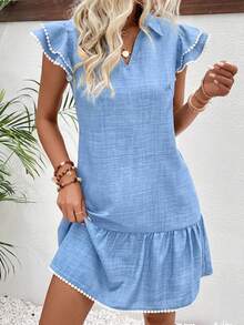 EMERY ROSE Women's Ruffle Sleeve Multi-Layer V-Neck Pleated Dress - Blue - View 3