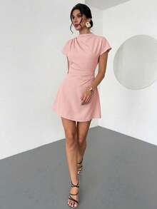 Aloruh Women's Ruched A-Line Mini Dress For Commuting,Summer Dresses For Women - Dusty Pink - View 2